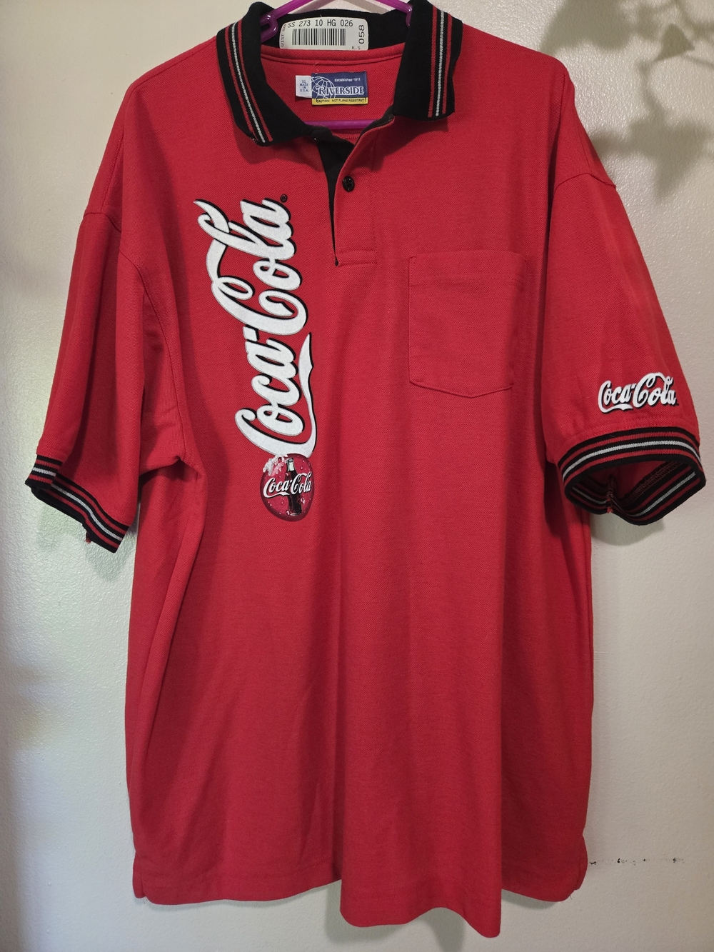 Vtg Coca Cola 90s-Y2K Red Polo with Script Logo and Black-Trim Collar
